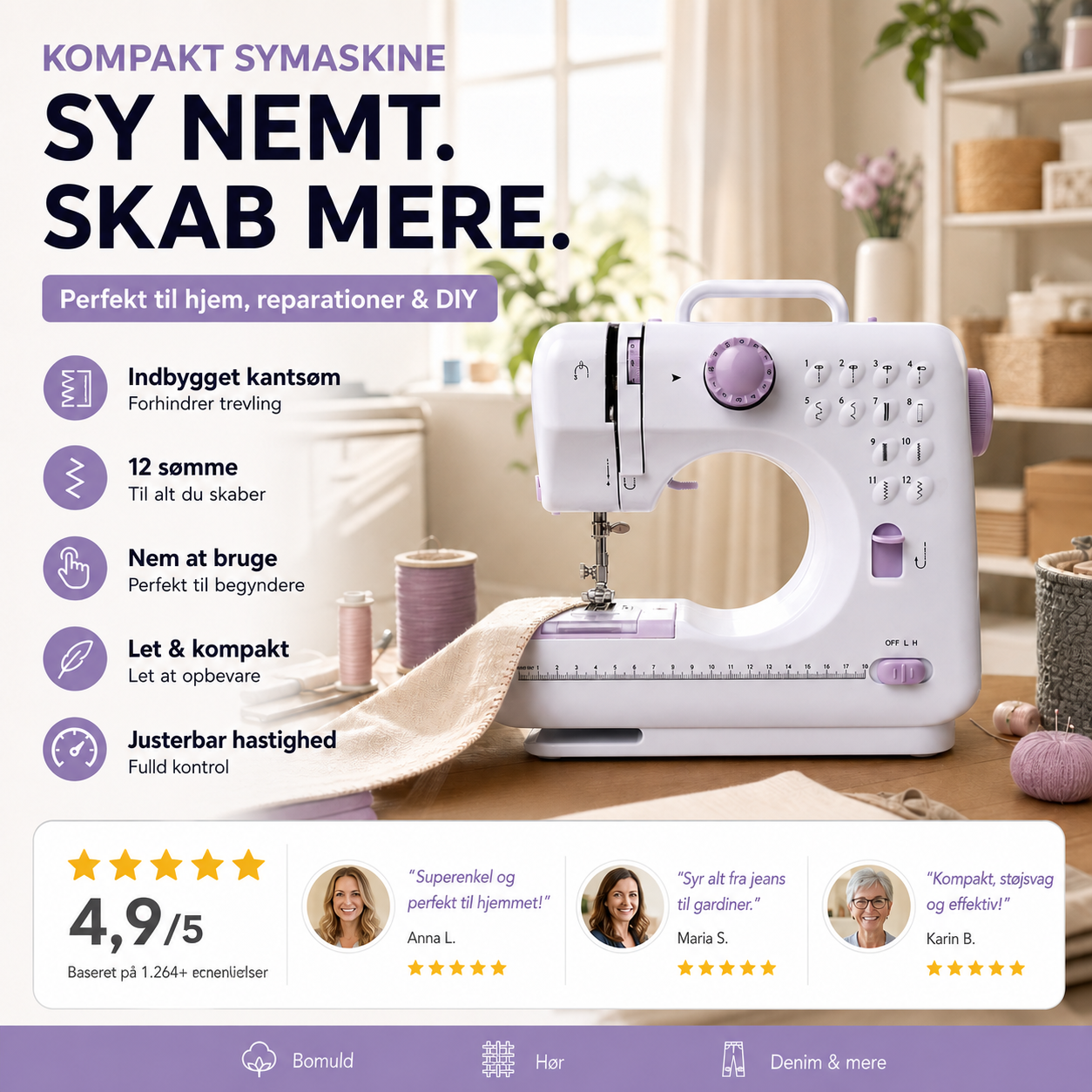 Multifunktionel symaskine med overlocksting