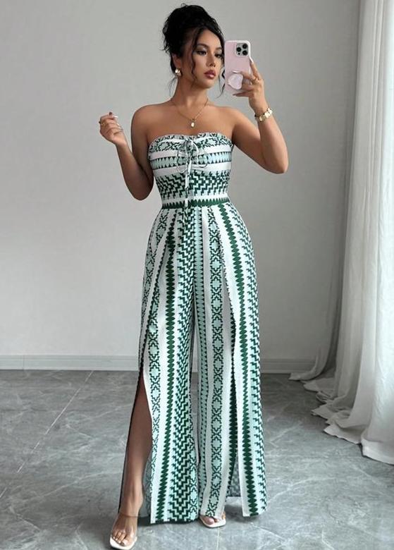 đ 50 % RABAT NU! đş Geometrisk jumpsuit med sideslids â elastisk ryg & unikt mønster â¨