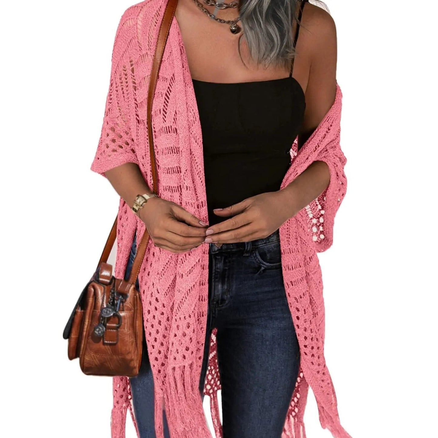 🔥Oversized strikcardigan til kvinder – let hæklet kimono med kvaster til forår og sommer 🌸