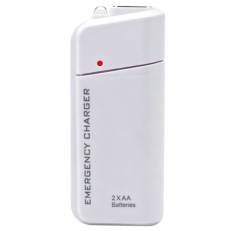 Bærbar nødlader til mobiltelefon – drives af AA-batterier og har indbygget LED-lommelygte