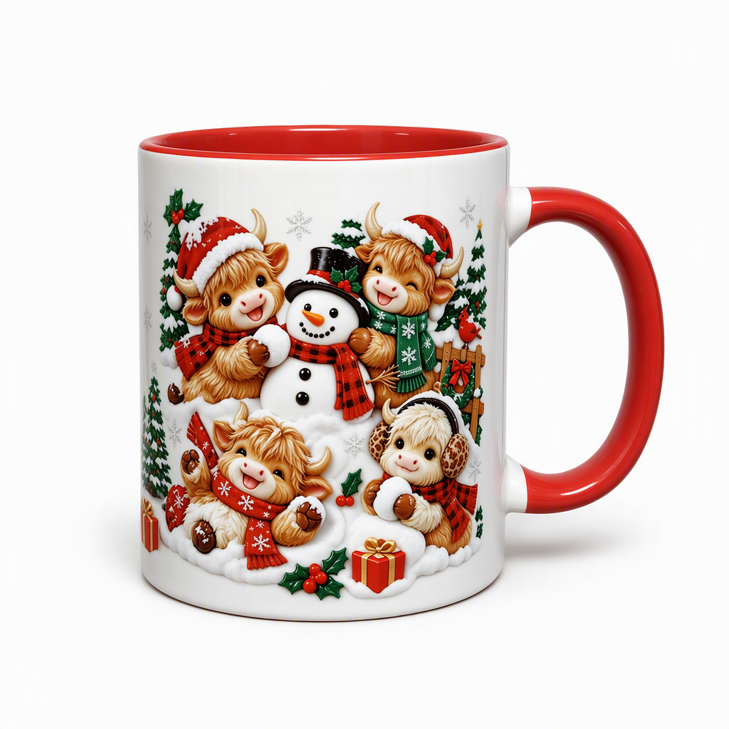 ☕✨Festlige keramiske krus med motiver af Highland-ko og snemand – tilføj lidt julemagi til hver eneste slurk!