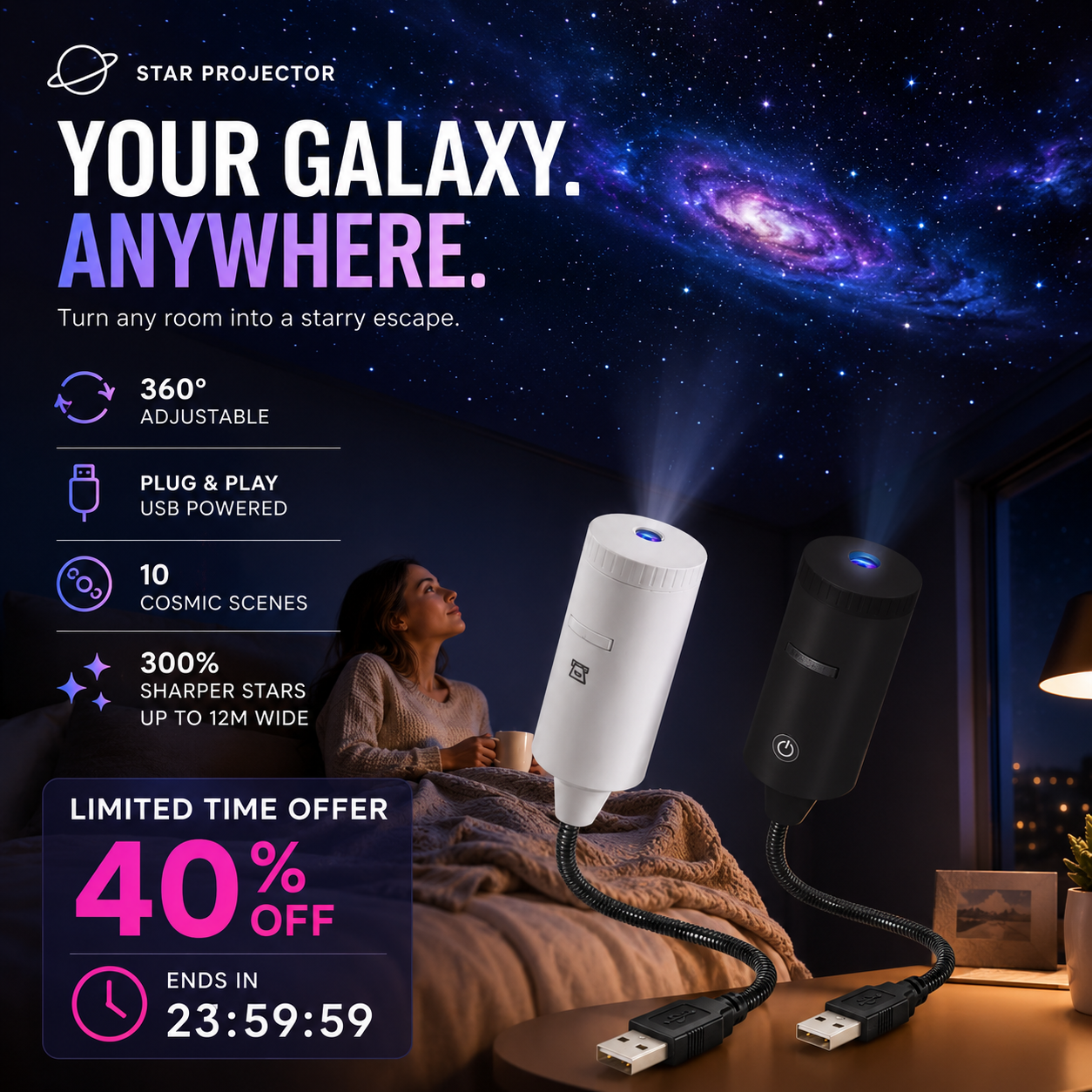 ✨ Plug-and-Play HD Stjerneprojektor 🥳 50.000+ glade brugere