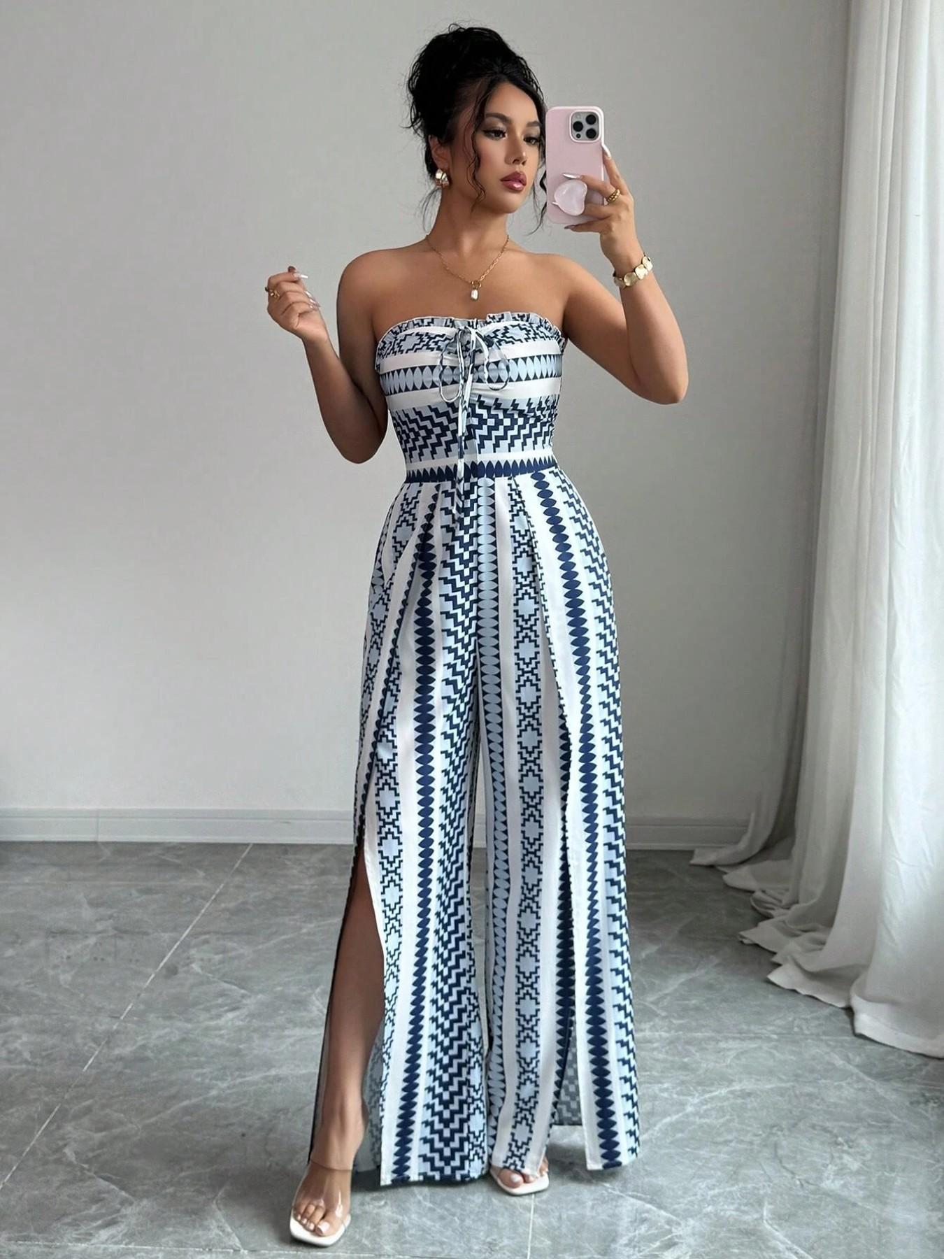👗 50 % RABAT NU! 🌺 Geometrisk jumpsuit med sideslids – elastisk ryg & unikt mønster ✨