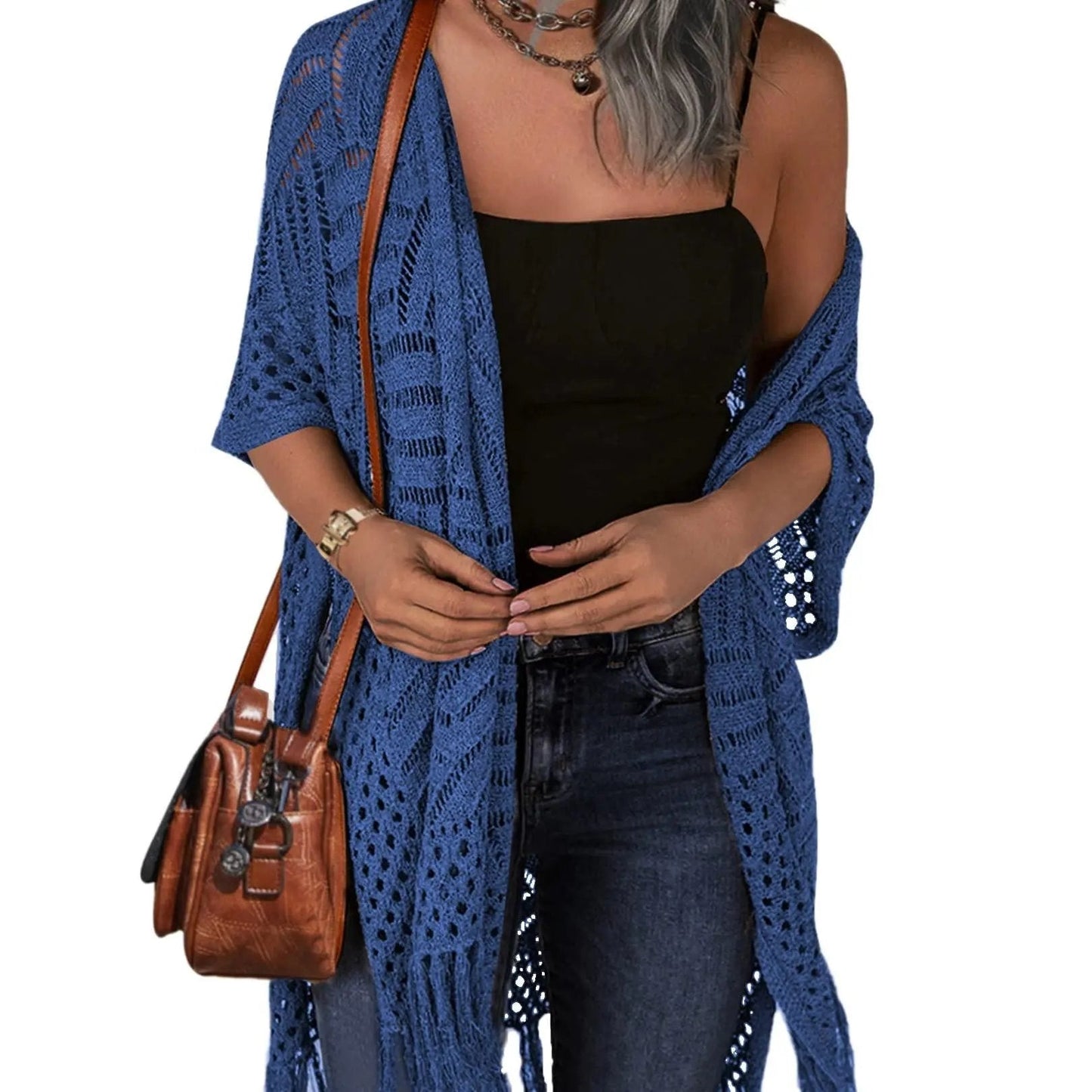🔥Oversized strikcardigan til kvinder – let hæklet kimono med kvaster til forår og sommer 🌸