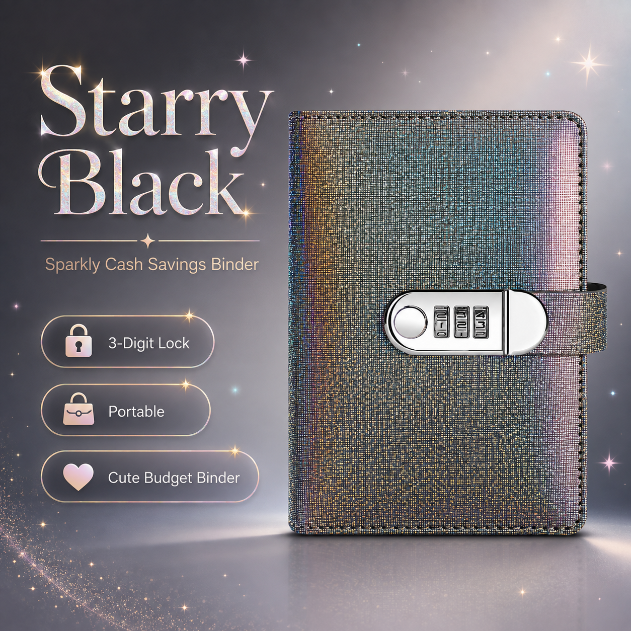 ✨ SparkleLock opsparingsmappe med 3-cifret kombinationslås – budgetmappe med 100 sider til kontantopsparing, sparemål og gaver 💖