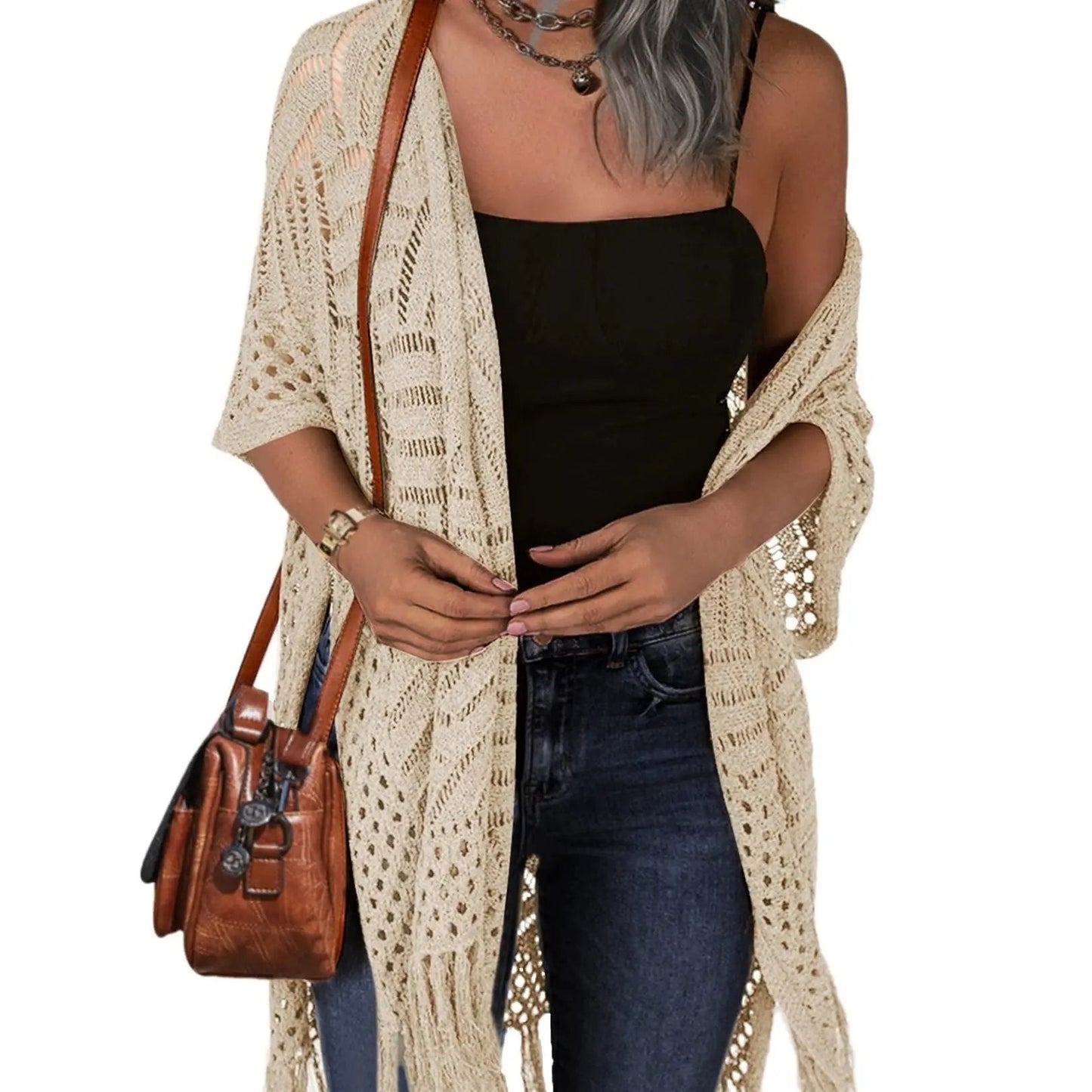 🔥Oversized strikcardigan til kvinder – let hæklet kimono med kvaster til forår og sommer 🌸