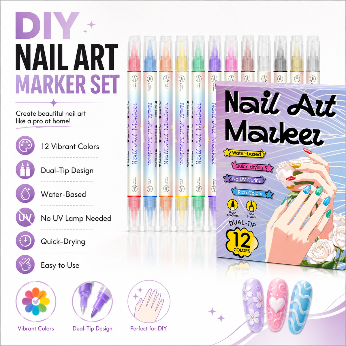 💅Neglepenne med dobbelte spidser i 24 farver – nemt DIY-negledesign