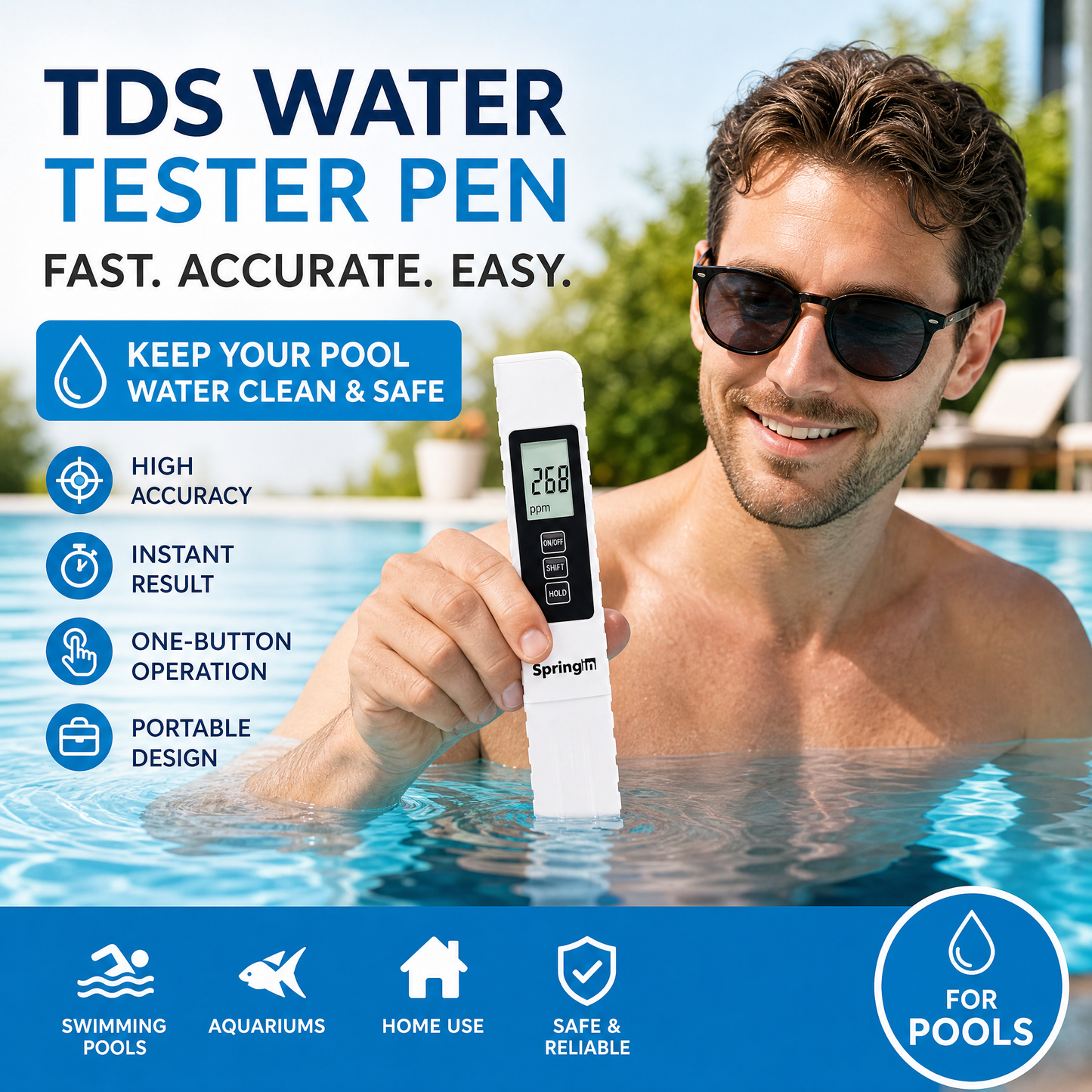 ✨ 3-i-1 TDS-vandkvalitetstester – måler pH, klor og hårdhed med LCD-display til svømmebassiner og akvarier 🌊📱