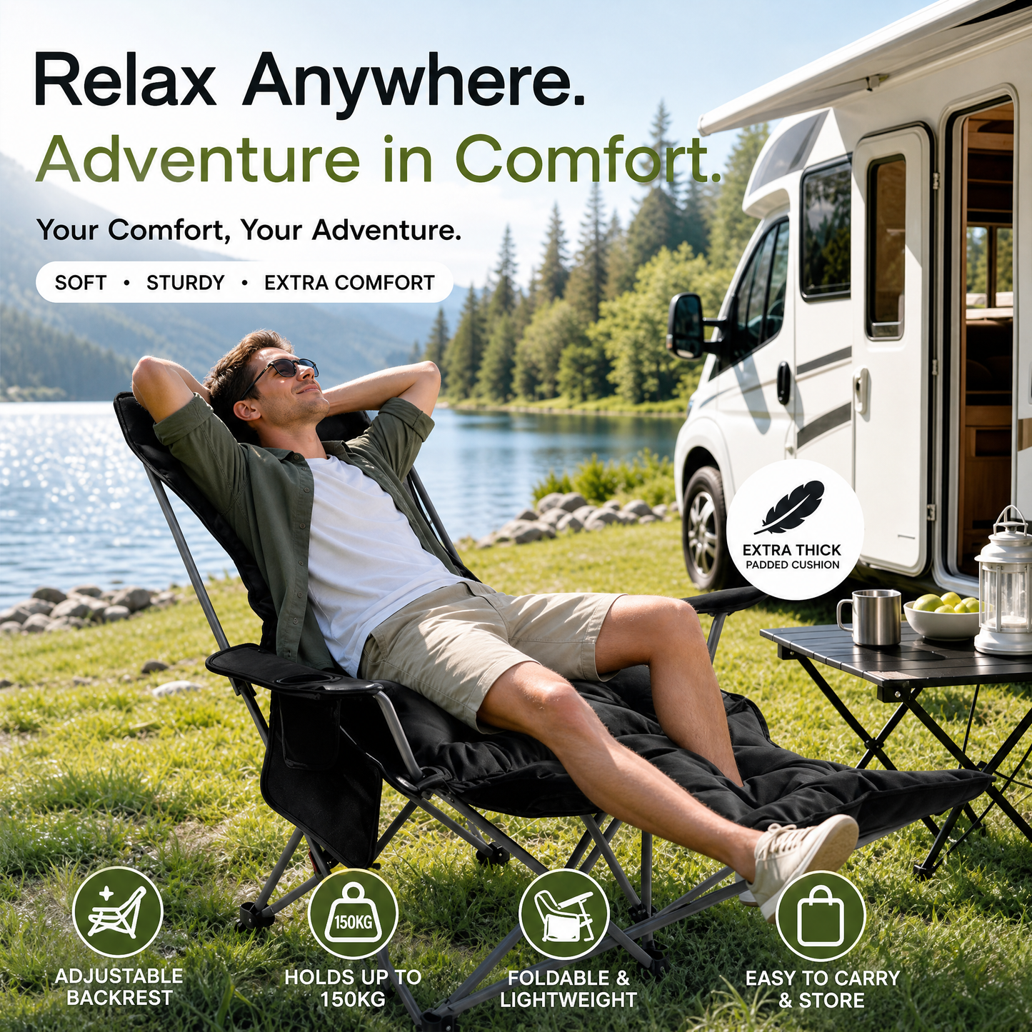 🪑 Bærbar justerbar klapstol til udendørs brug – let, stabil & alsidig – ideel til have, camping, strand eller terrasse – nem transport og opsætning 🏕️✨