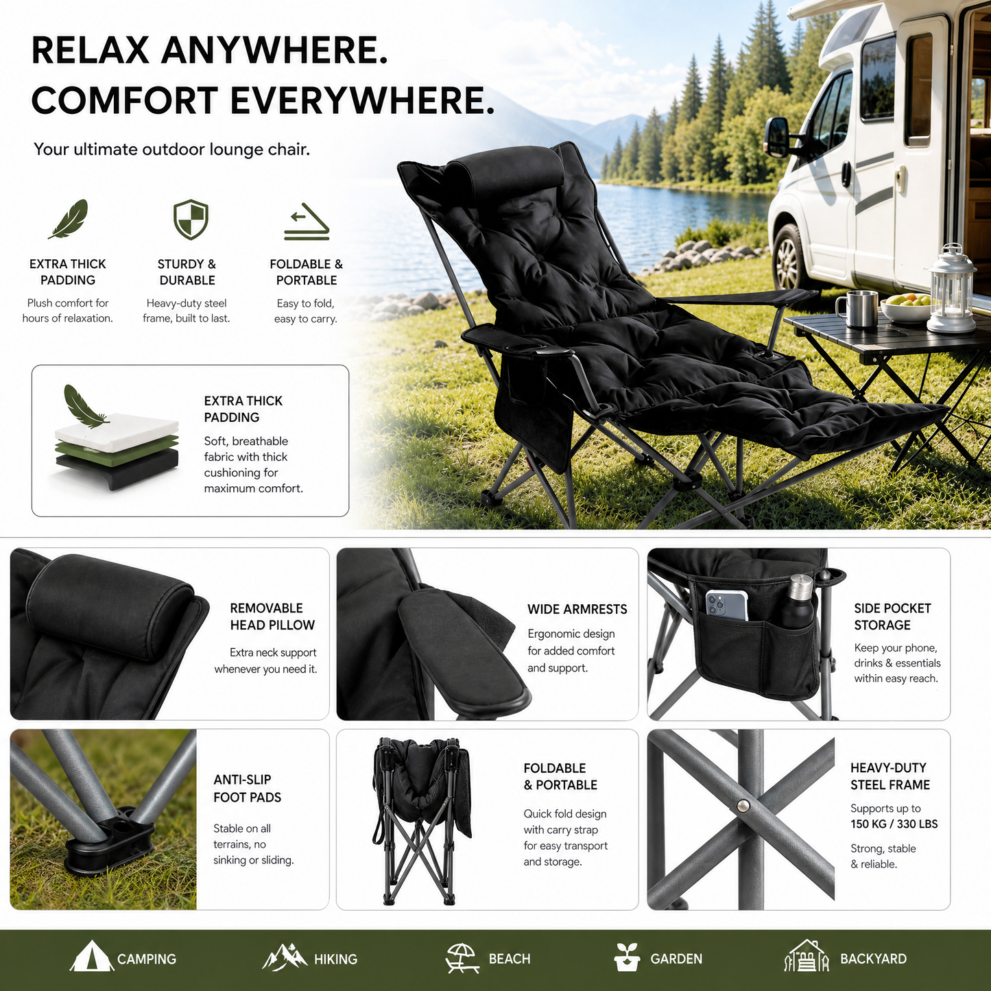 🪑 Bærbar justerbar klapstol til udendørs brug – let, stabil & alsidig – ideel til have, camping, strand eller terrasse – nem transport og opsætning 🏕️✨