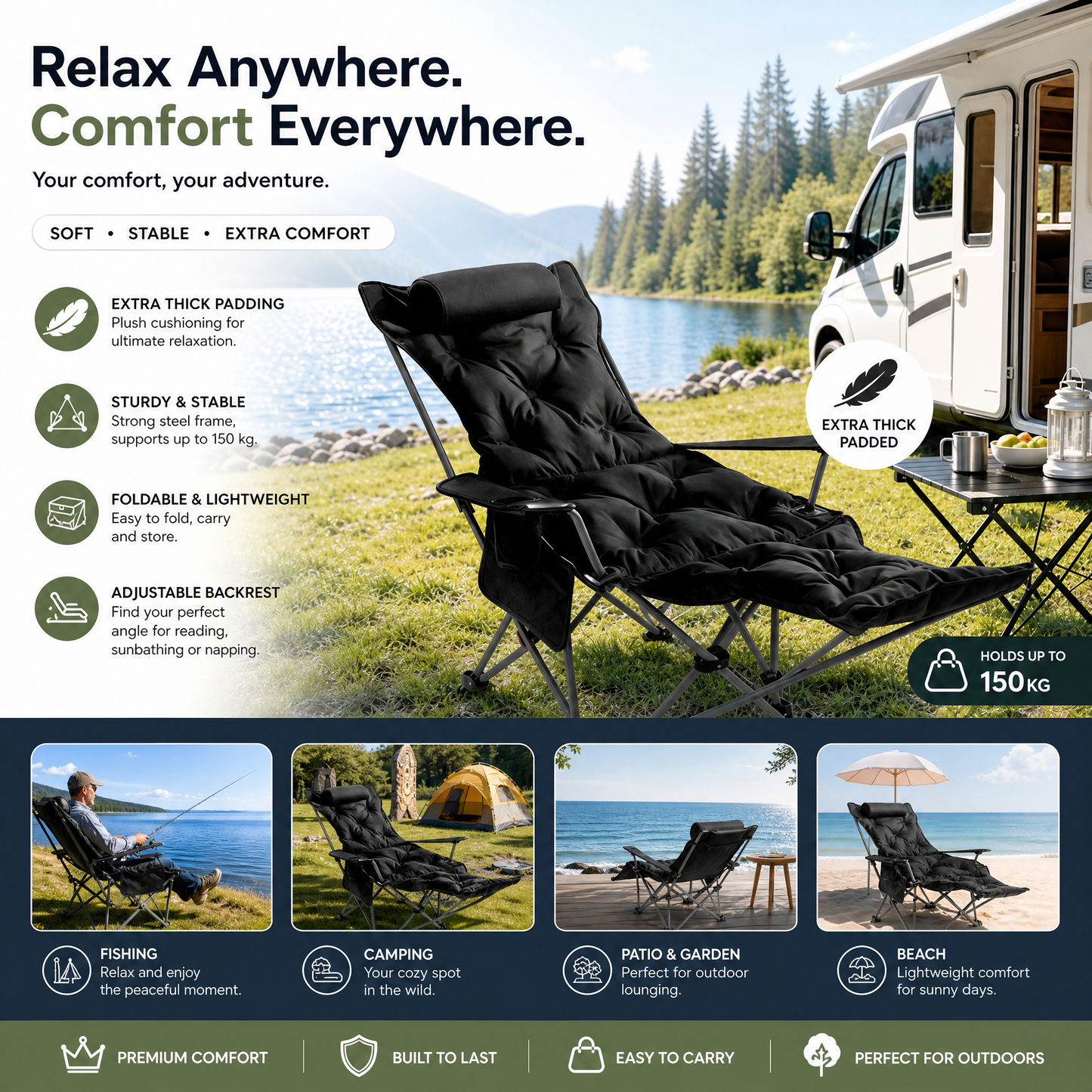 🪑 Bærbar justerbar klapstol til udendørs brug – let, stabil & alsidig – ideel til have, camping, strand eller terrasse – nem transport og opsætning 🏕️✨