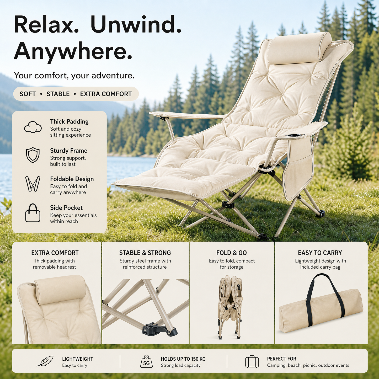 🪑 Bærbar justerbar klapstol til udendørs brug – let, stabil & alsidig – ideel til have, camping, strand eller terrasse – nem transport og opsætning 🏕️✨