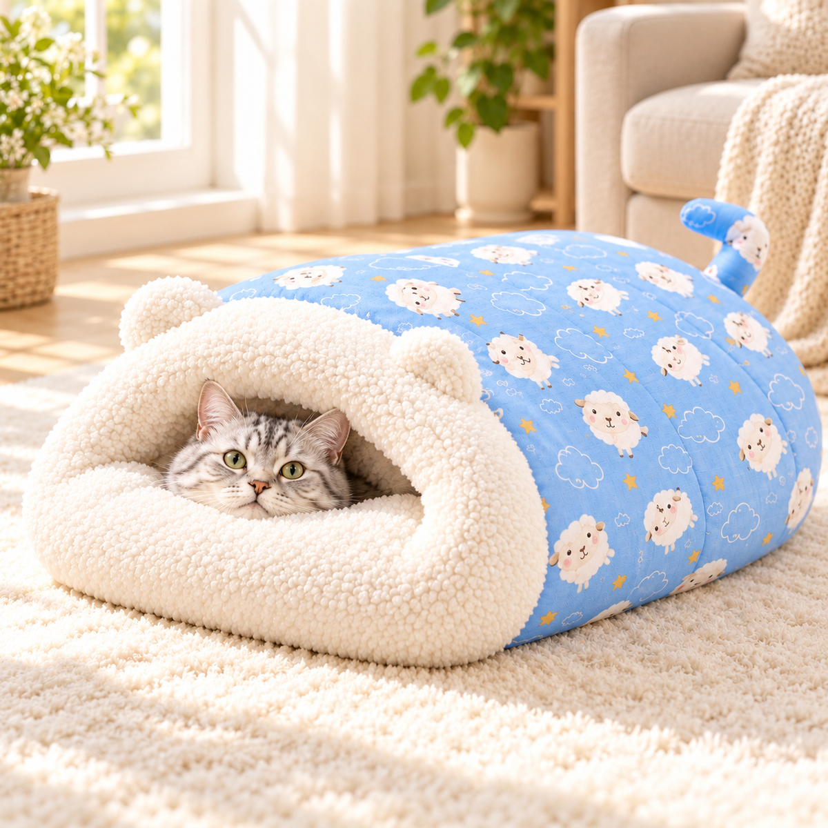 🐾50 % RABAT! 🛏️ Halvlukket varm soveseng til kæledyr – vindtæt, plysset og hyggelig seng til katte og små hunde, blød rede til vinterlure 🌨️