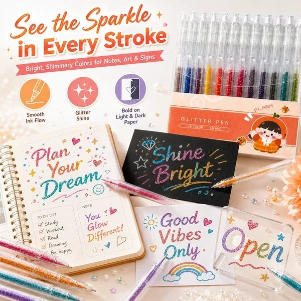 ⏳Sidste dag – specialpris: 129,95 kr.!!💥🎁Glitter-gelpen-sæt – skriver glat 🎨