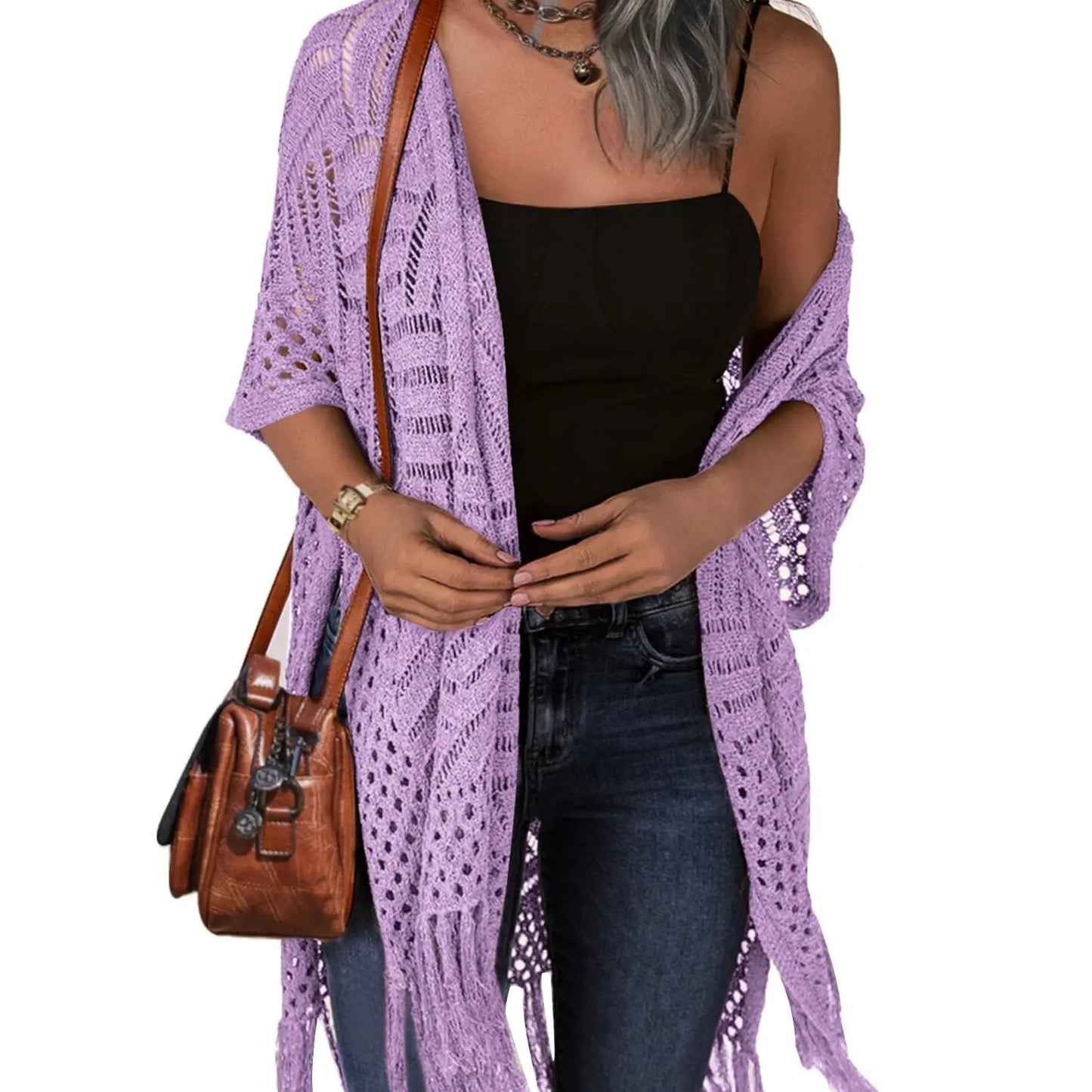 🔥Oversized strikcardigan til kvinder – let hæklet kimono med kvaster til forår og sommer 🌸