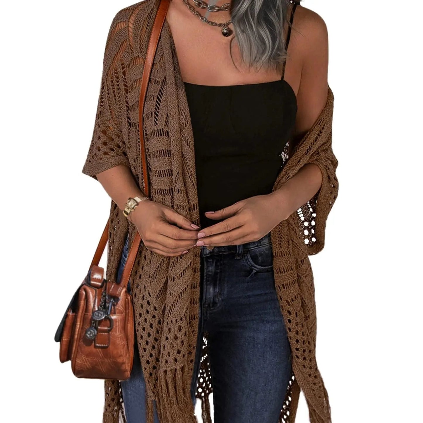 🔥Oversized strikcardigan til kvinder – let hæklet kimono med kvaster til forår og sommer 🌸