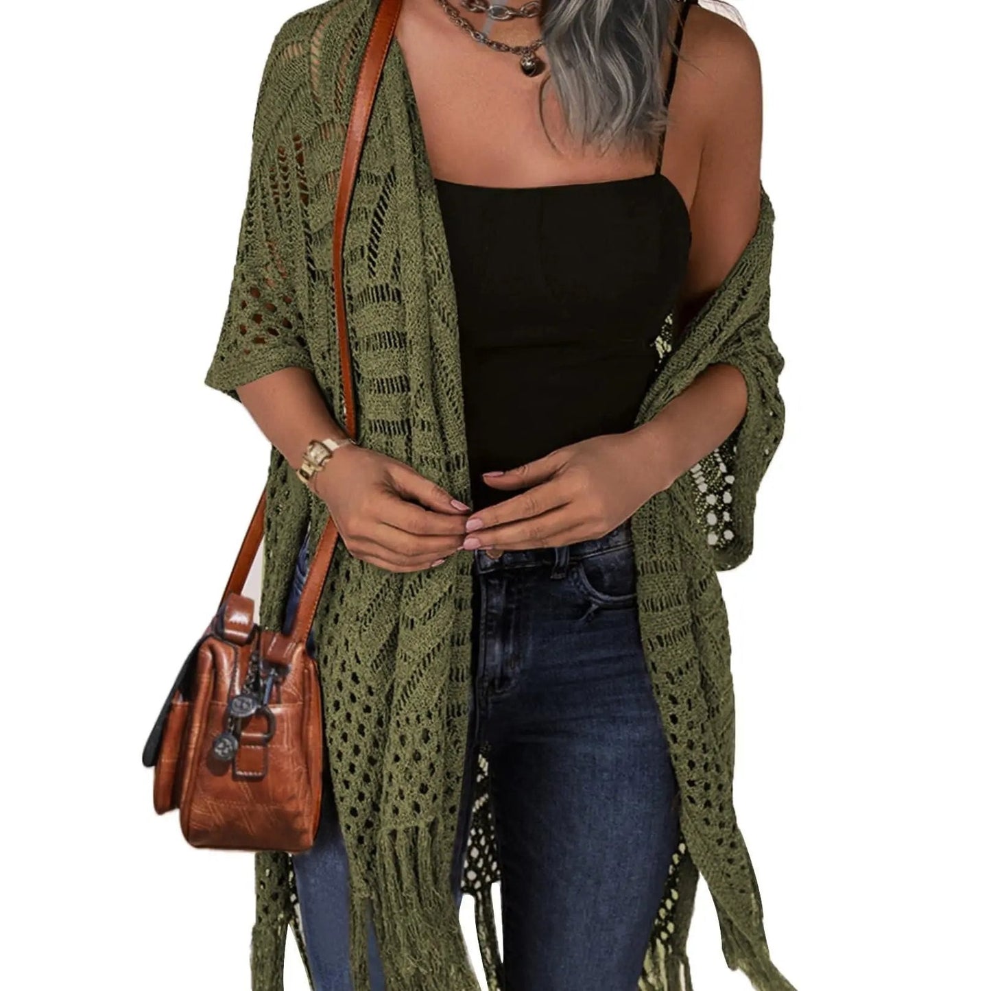 🔥Oversized strikcardigan til kvinder – let hæklet kimono med kvaster til forår og sommer 🌸