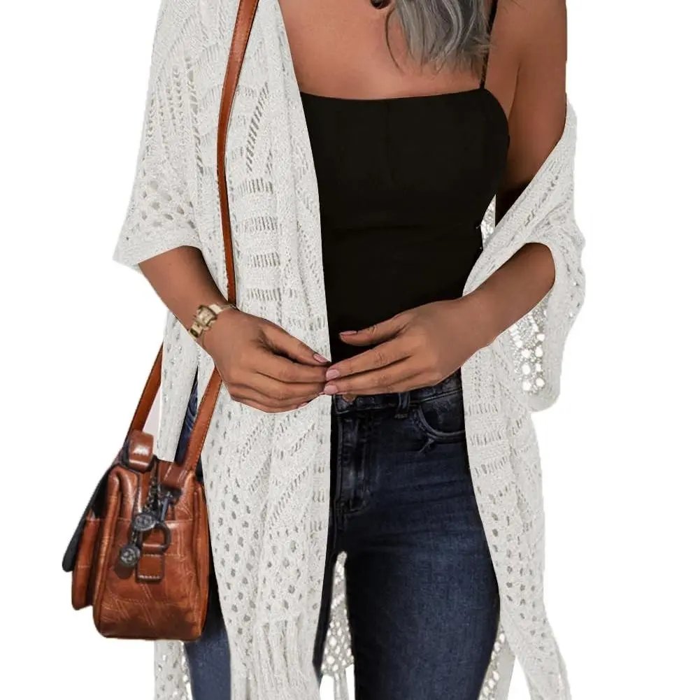 🔥Oversized strikcardigan til kvinder – let hæklet kimono med kvaster til forår og sommer 🌸