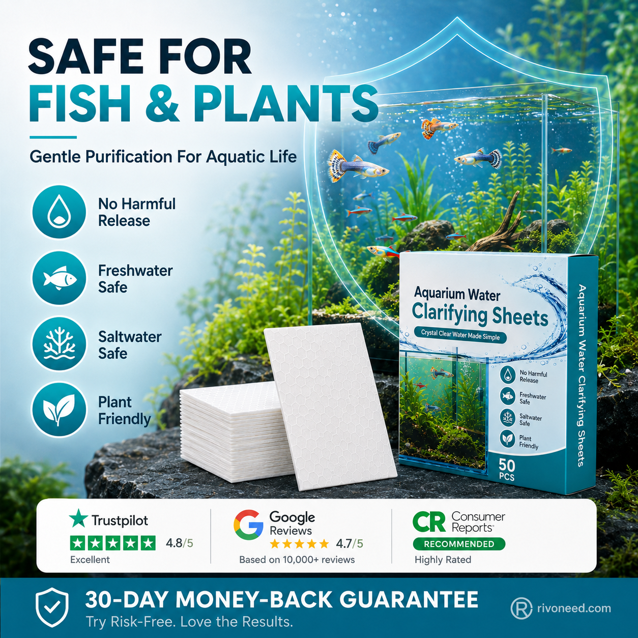 🐠 Køb 1 få 1 gratis! ✨ Akvarie-klaringsark – krystalklart vand på 24 timer, fjerner lugt og urenheder, sikkert for alle fisk og planter 🌿🔮
