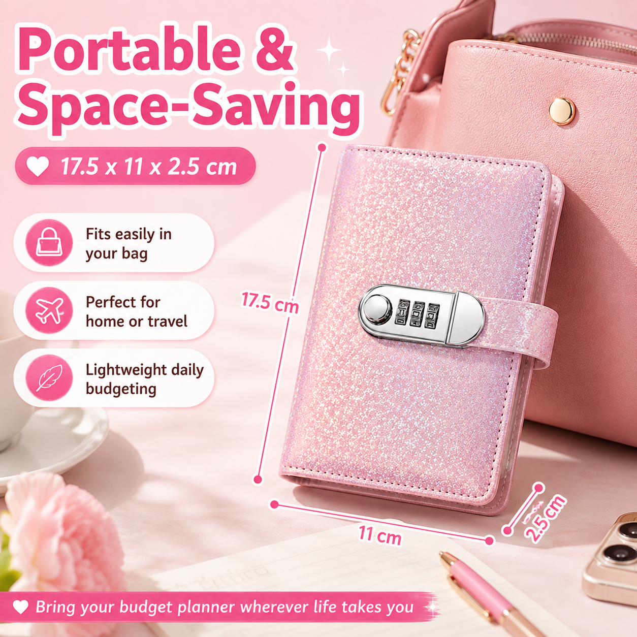 ✨ SparkleLock opsparingsmappe med 3-cifret kombinationslås – budgetmappe med 100 sider til kontantopsparing, sparemål og gaver 💖
