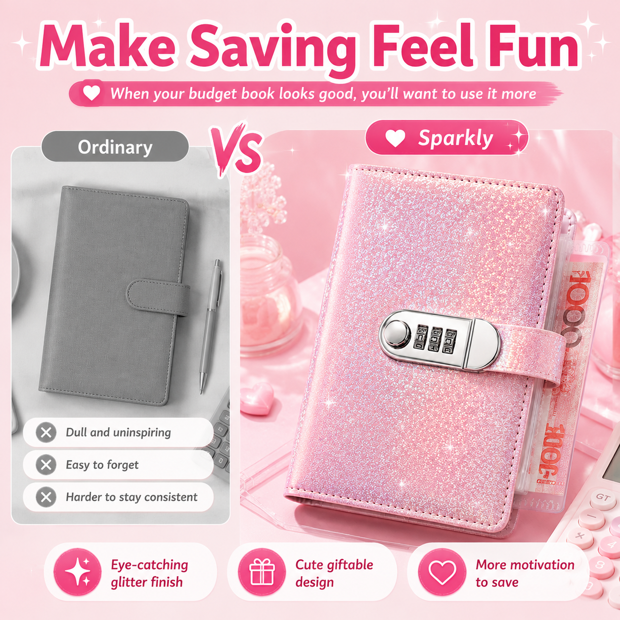 ✨ SparkleLock opsparingsmappe med 3-cifret kombinationslås – budgetmappe med 100 sider til kontantopsparing, sparemål og gaver 💖