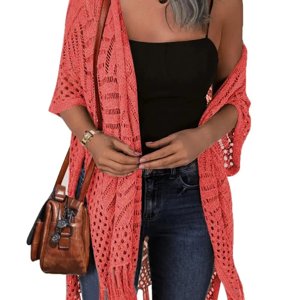 🔥Oversized strikcardigan til kvinder – let hæklet kimono med kvaster til forår og sommer 🌸