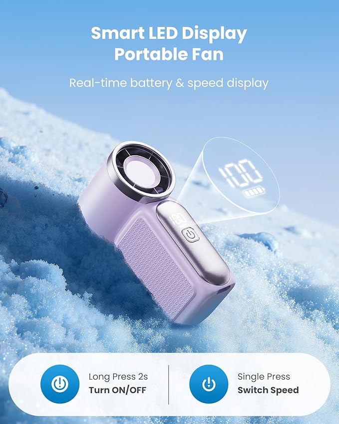 Mini håndholdt ventilator med LED-display – 👍 5-trins turbo lommeventilator. ✨ USB-genopladelig, højhastighedskøling til rejser & makeup. Perfekt gave. Bærbar køling