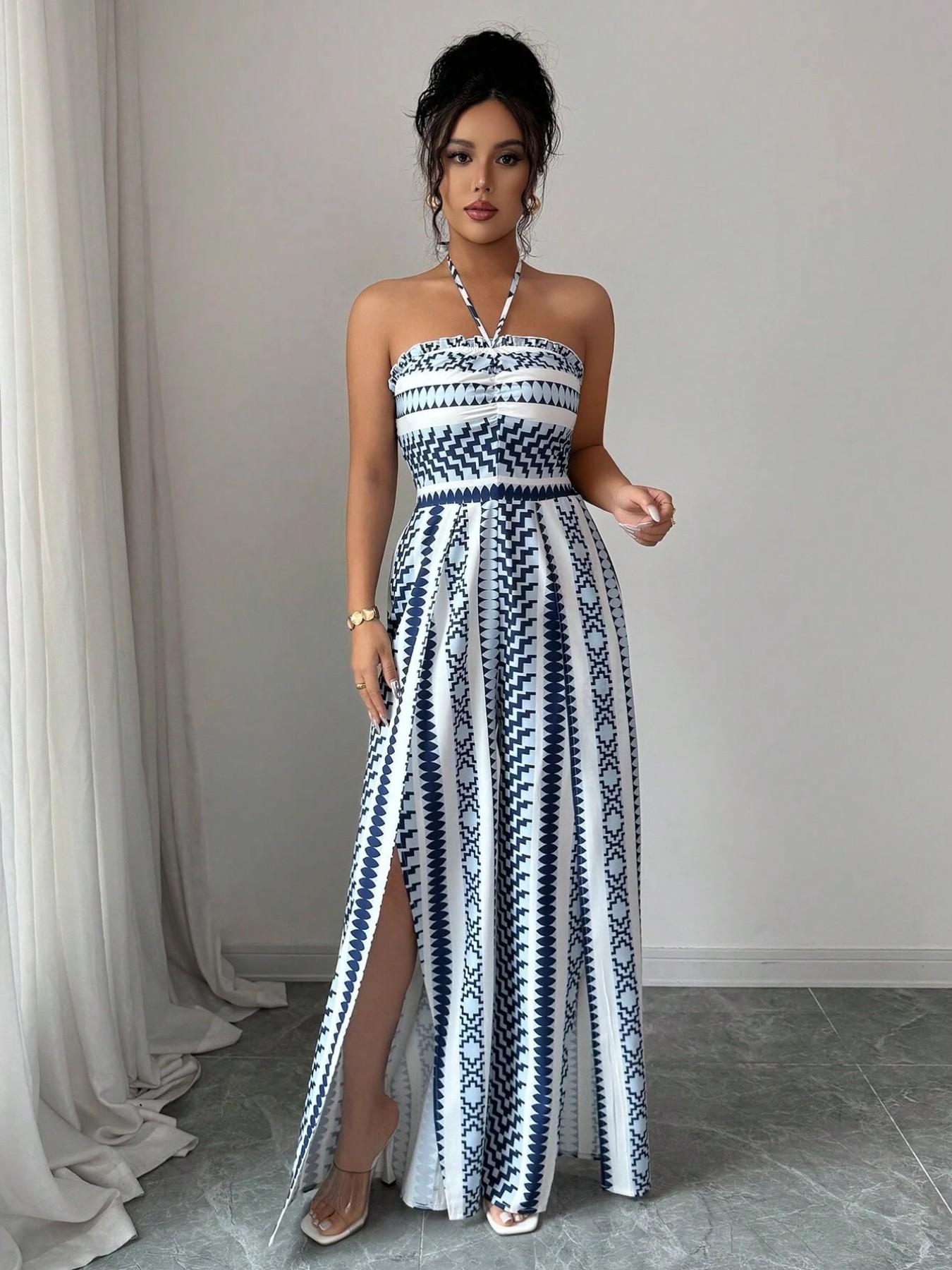 👗 50 % RABAT NU! 🌺 Geometrisk jumpsuit med sideslids – elastisk ryg & unikt mønster ✨
