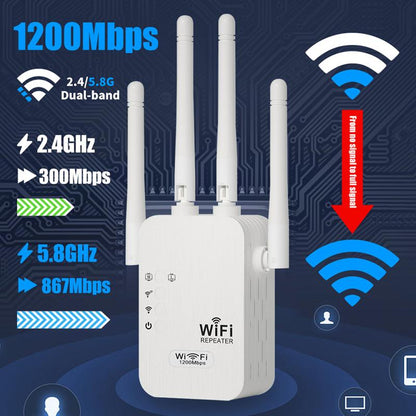 🏠 1200 Mbps WiFi-forstærker – dækker 930 m², 50 enheder og dual band boost 🌐