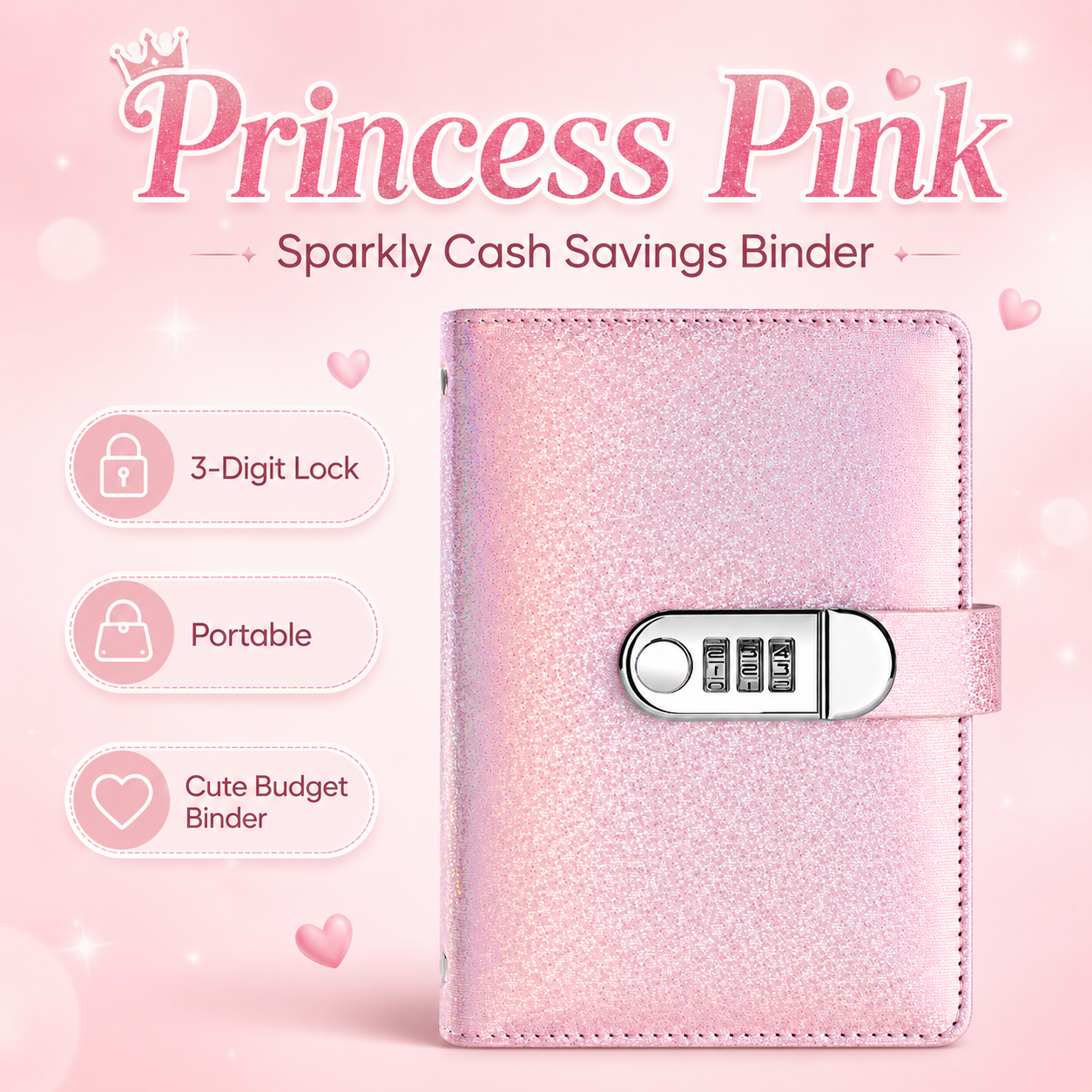 ✨ SparkleLock opsparingsmappe med 3-cifret kombinationslås – budgetmappe med 100 sider til kontantopsparing, sparemål og gaver 💖
