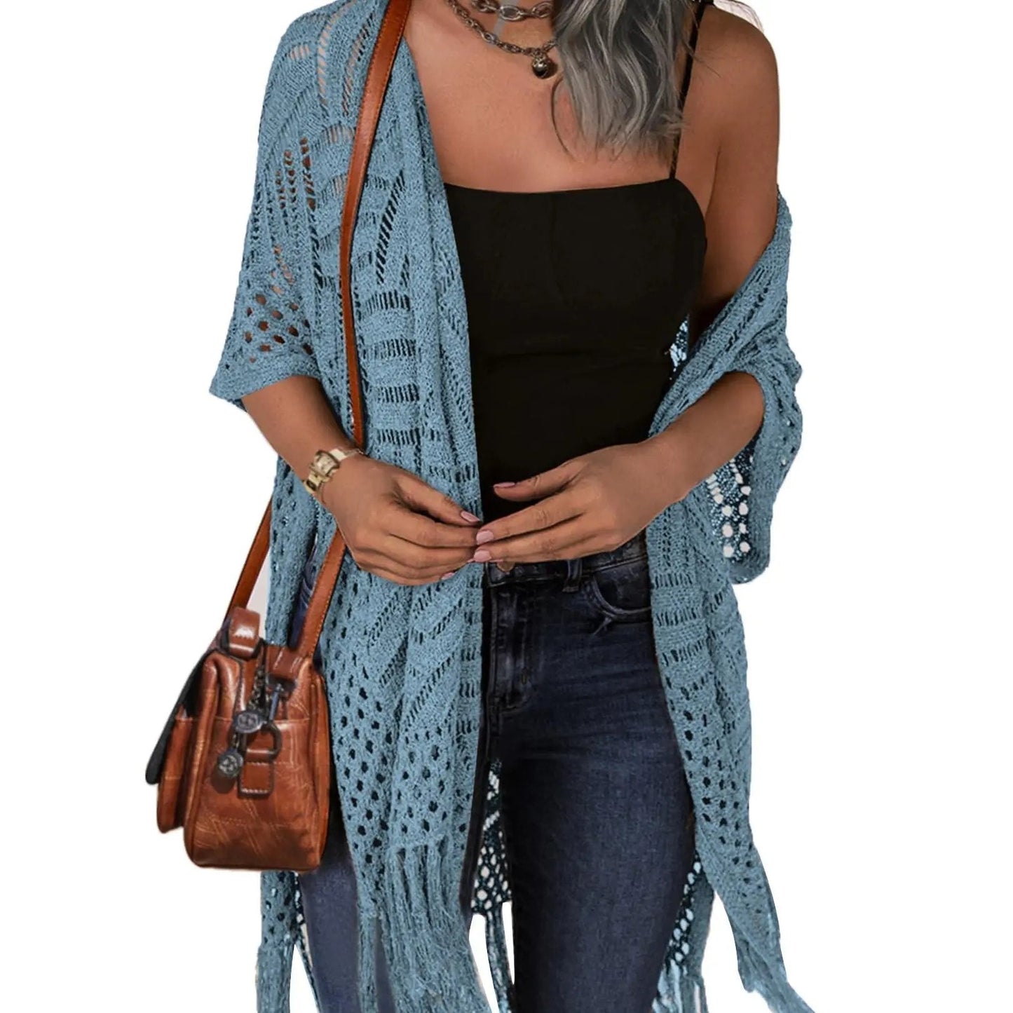 🔥Oversized strikcardigan til kvinder – let hæklet kimono med kvaster til forår og sommer 🌸