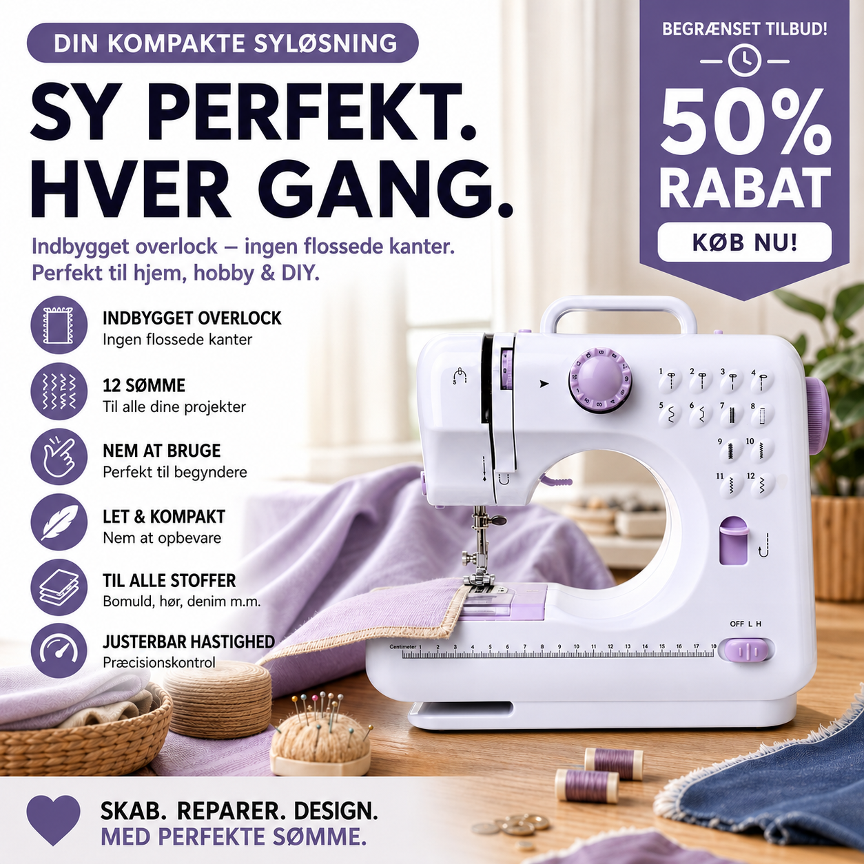 Multifunktionel symaskine med overlocksting