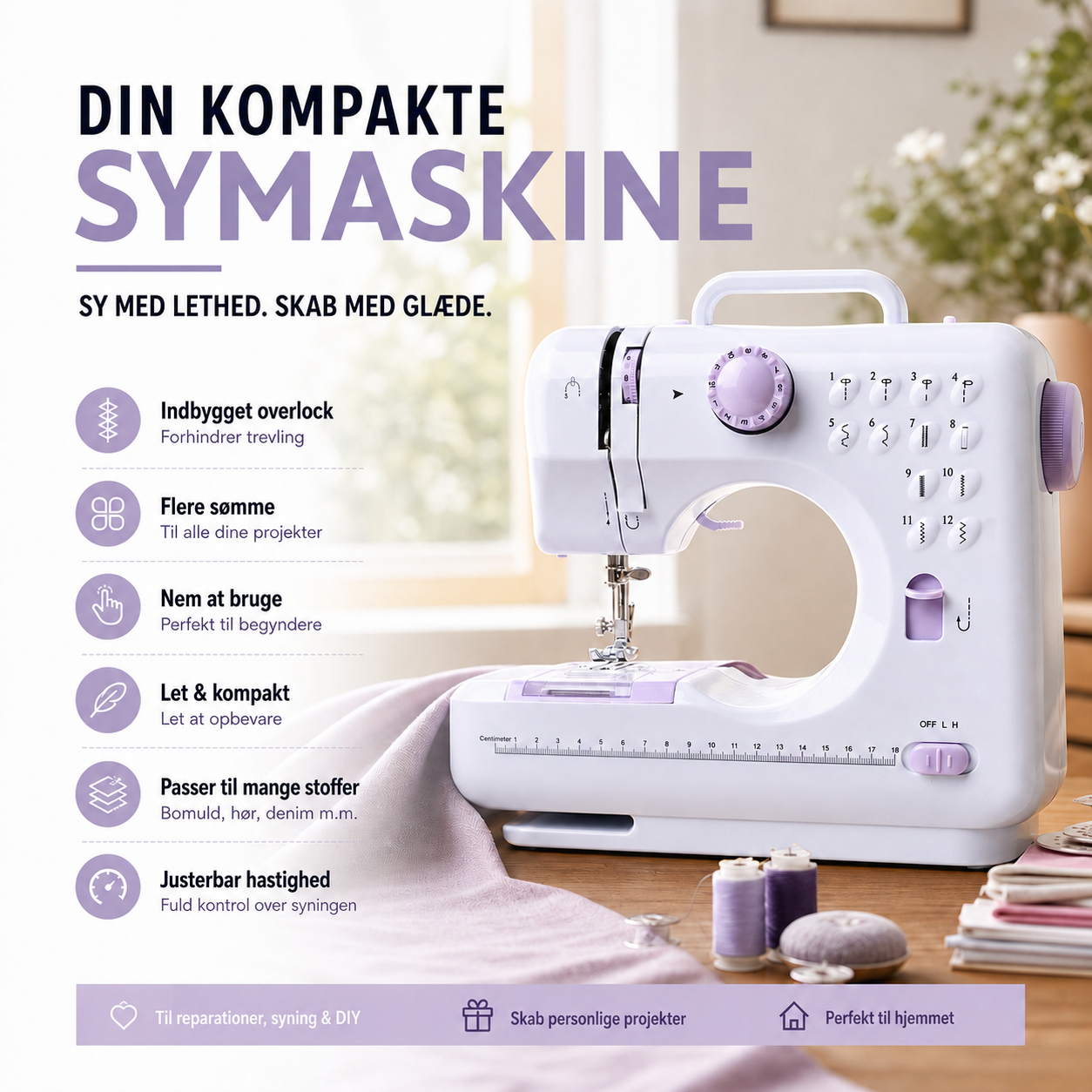 Multifunktionel symaskine med overlocksting