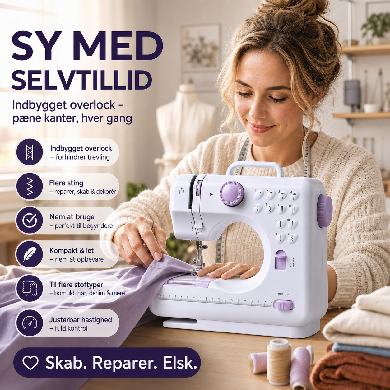 Multifunktionel symaskine med overlocksting