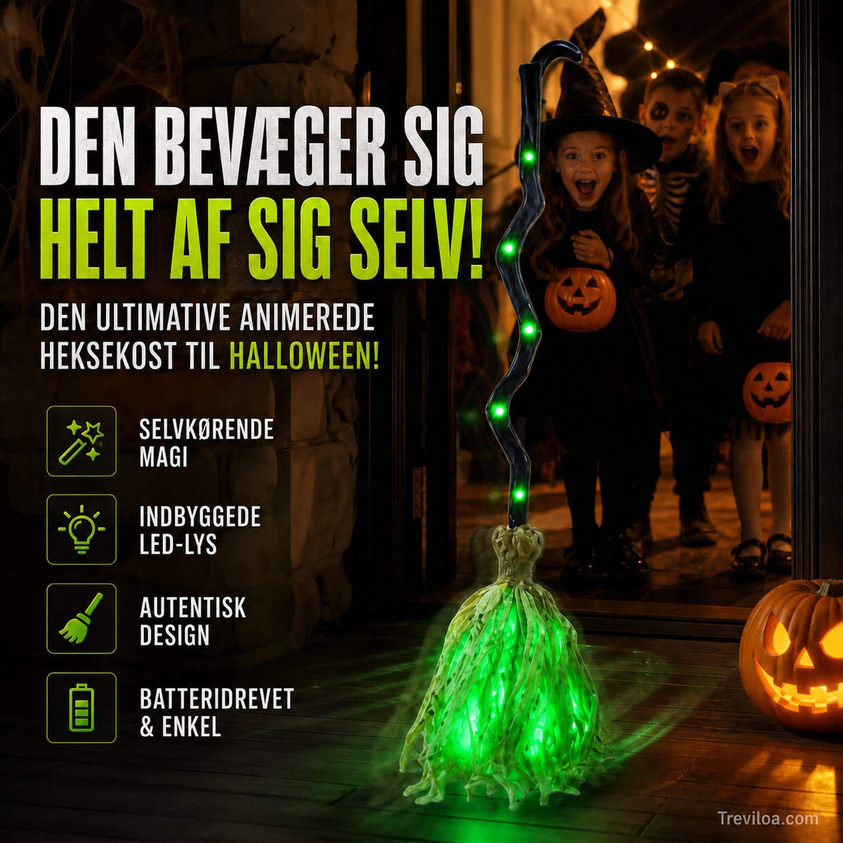 Elektrisk heksekost som Halloween-dekoration