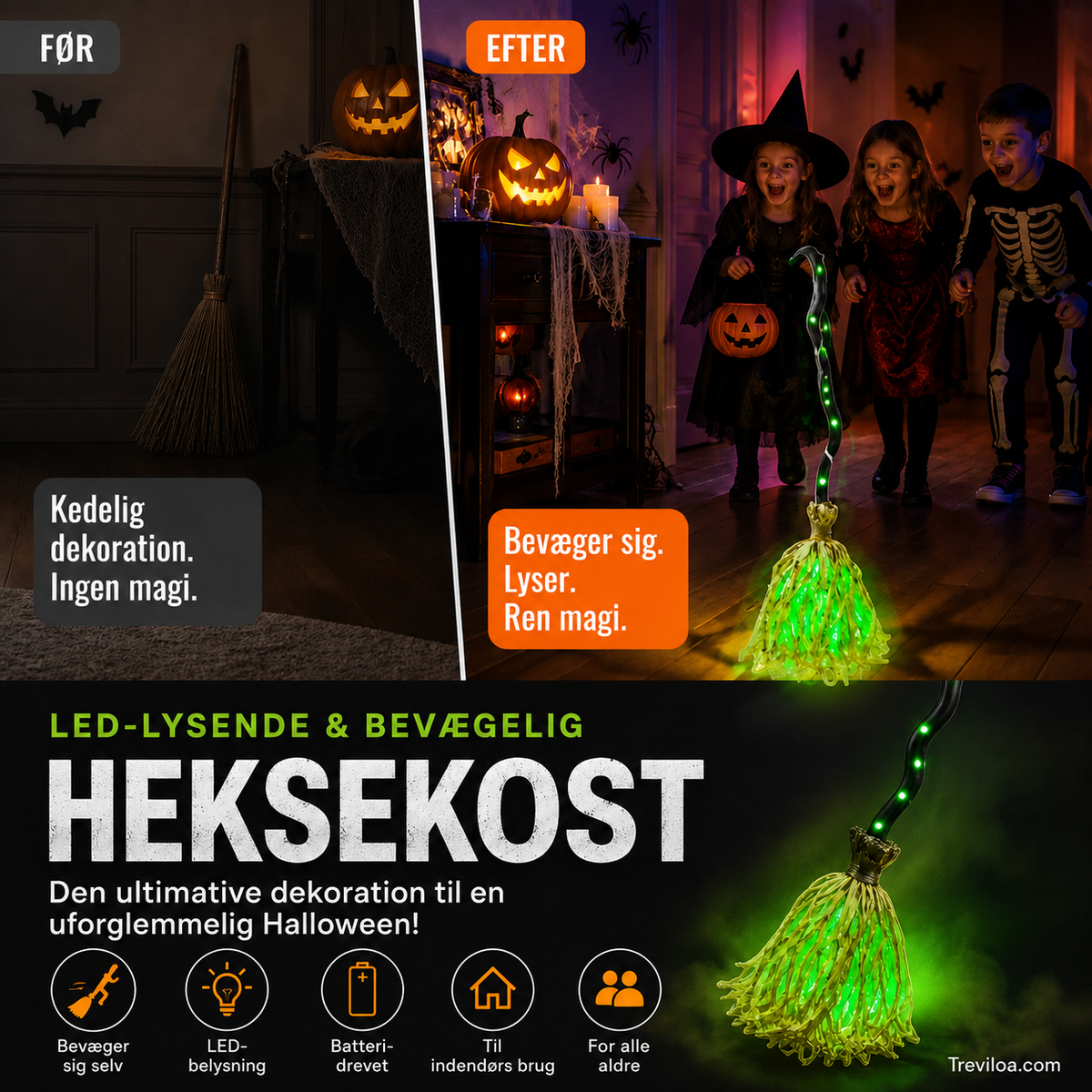 Elektrisk heksekost som Halloween-dekoration