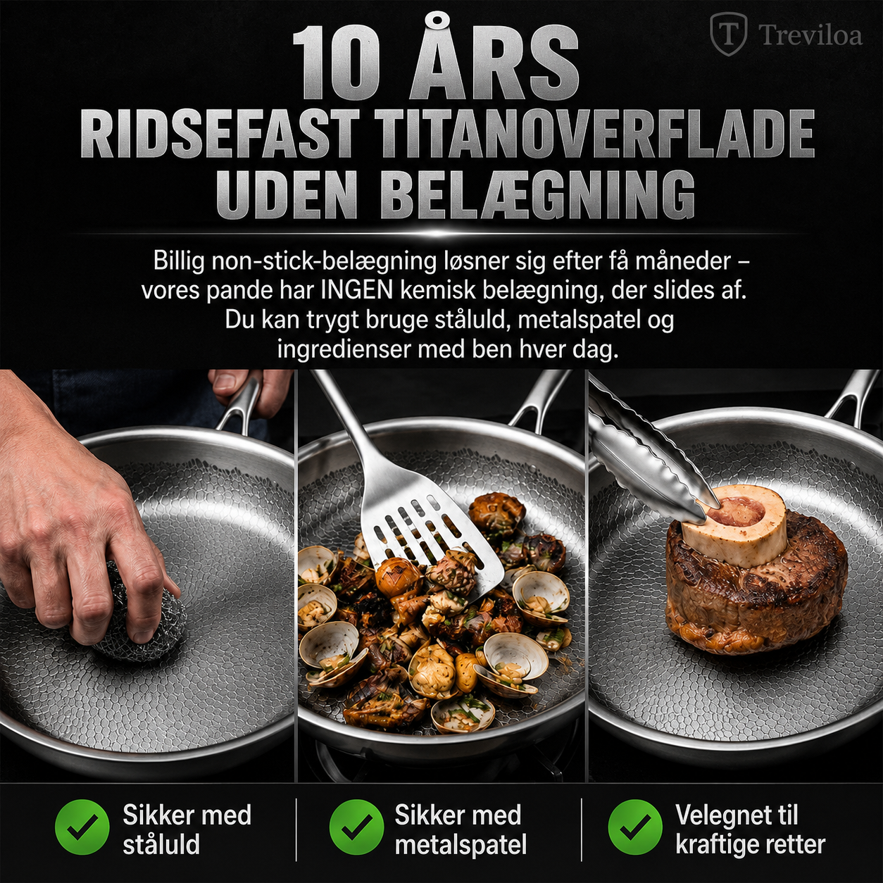 Håndhamret stegepande i ren titanlegering uden belægning med non-stick-effekt