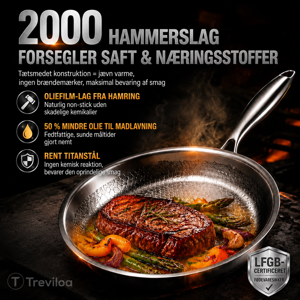 Håndhamret stegepande i ren titanlegering uden belægning med non-stick-effekt