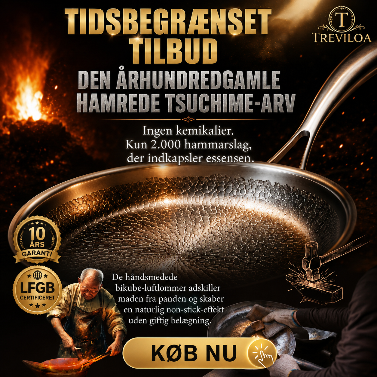 Håndhamret stegepande i ren titanlegering uden belægning med non-stick-effekt
