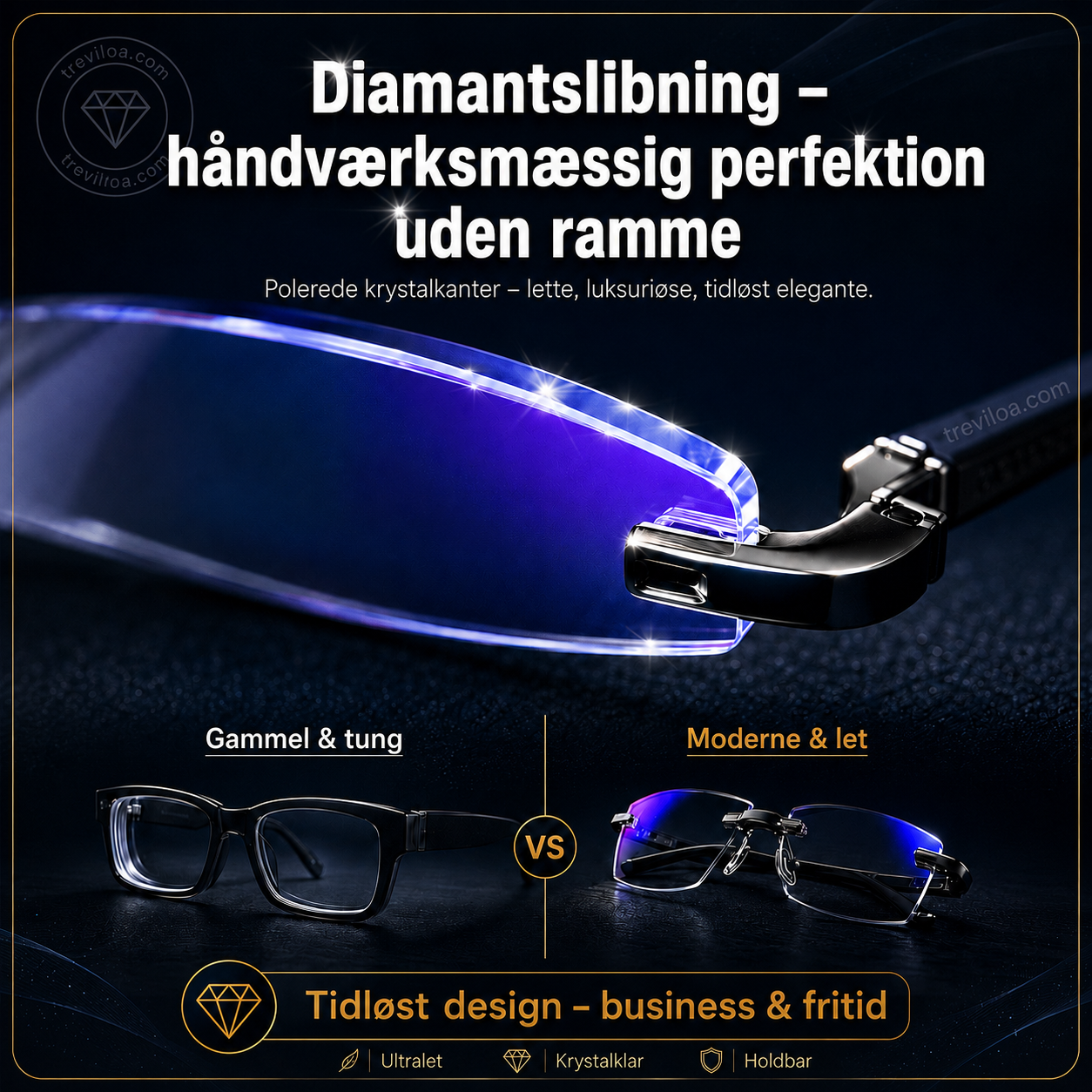Rammeløse, ultralette læsebriller med diamantslibning