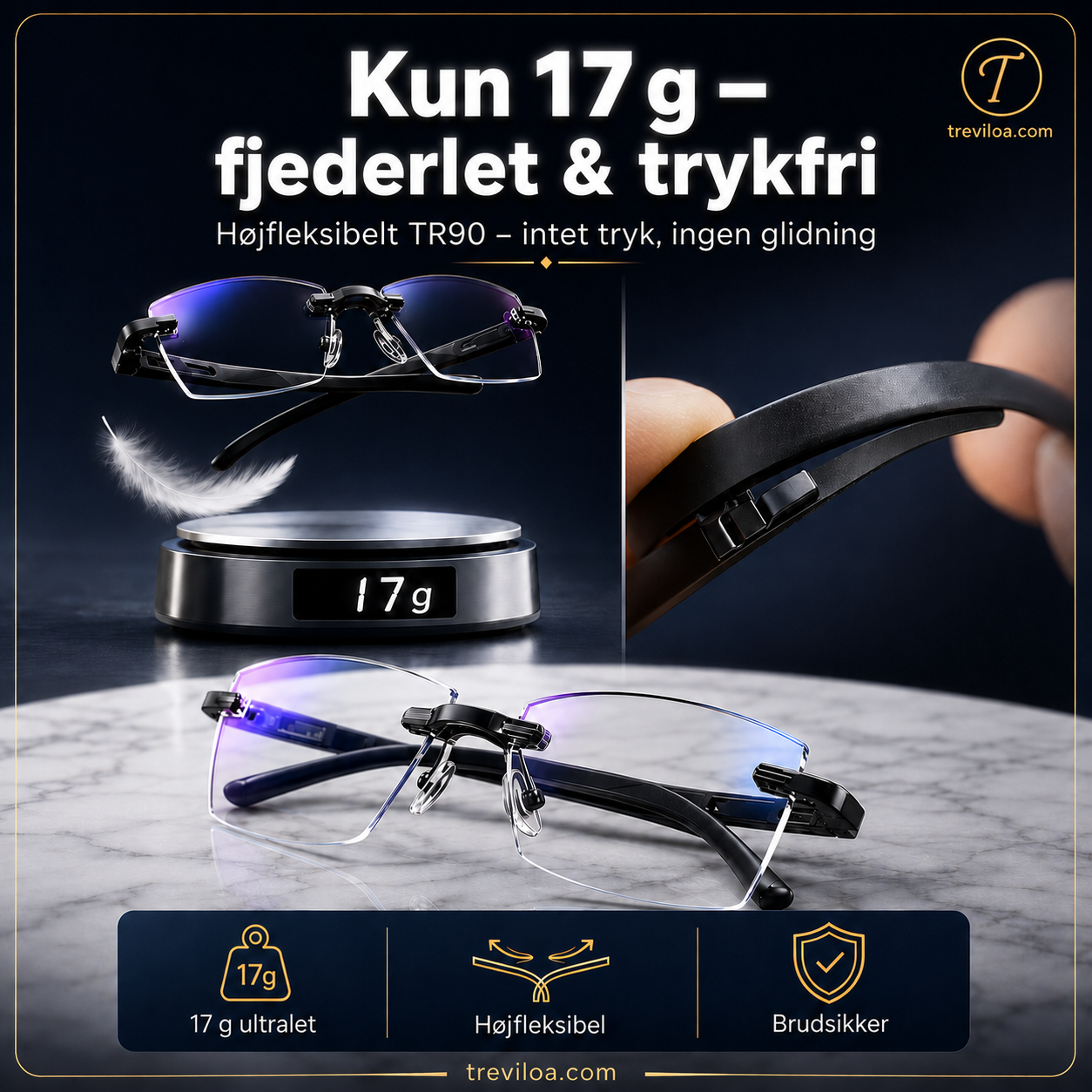 Rammeløse, ultralette læsebriller med diamantslibning