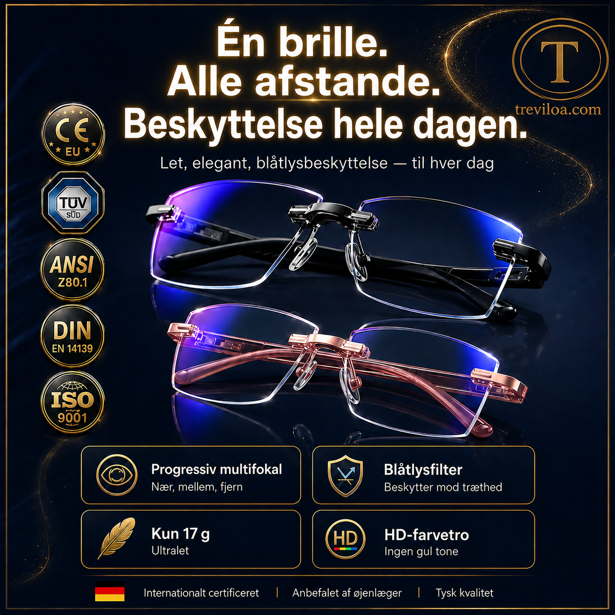 Rammeløse, ultralette læsebriller med diamantslibning