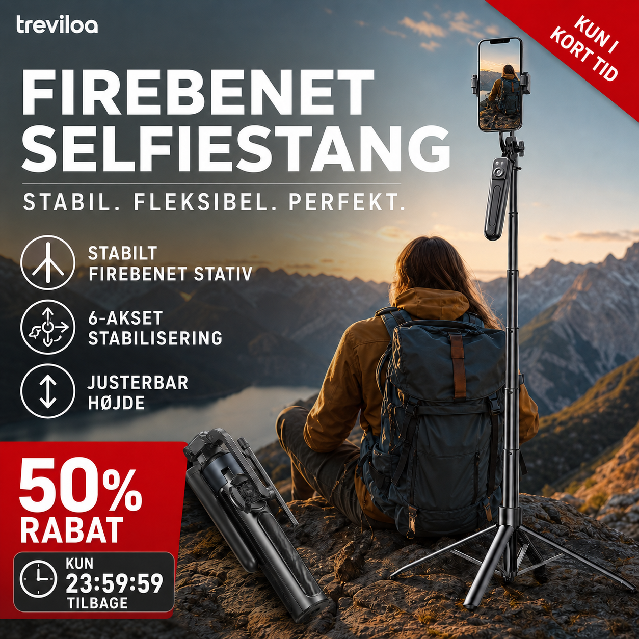 Selfiestang med firebenet stativ til smartphones