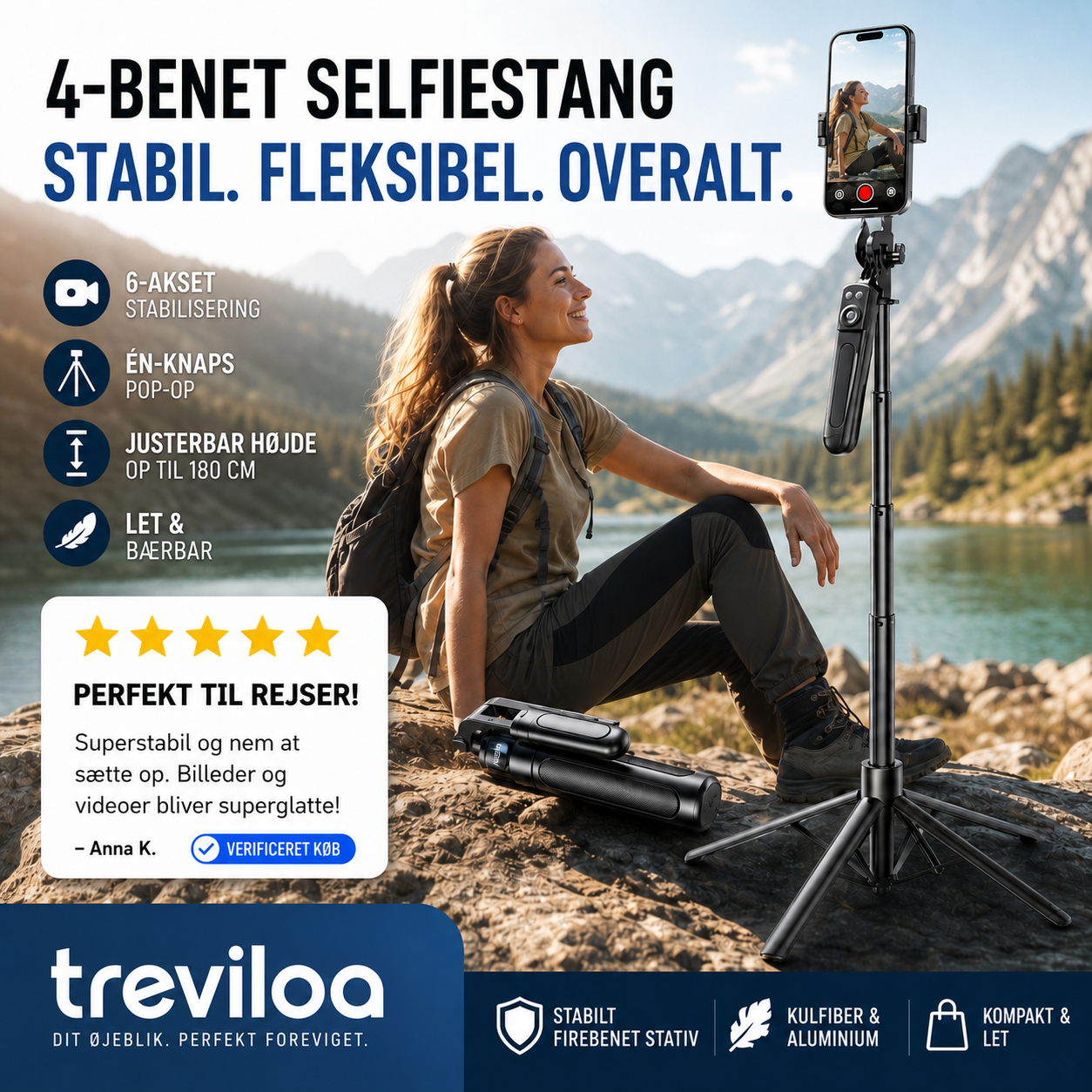 Selfiestang med firebenet stativ til smartphones