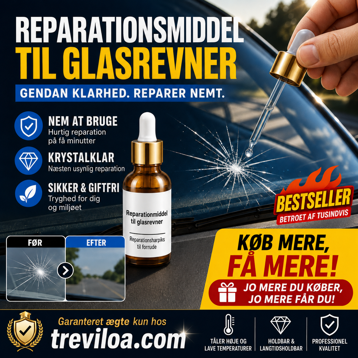 Reparationsmiddel til revner i glas