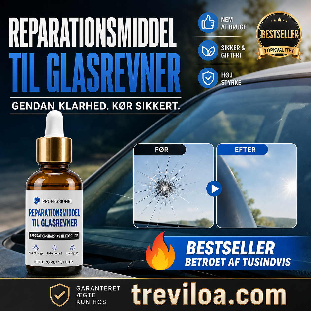 Reparationsmiddel til revner i glas