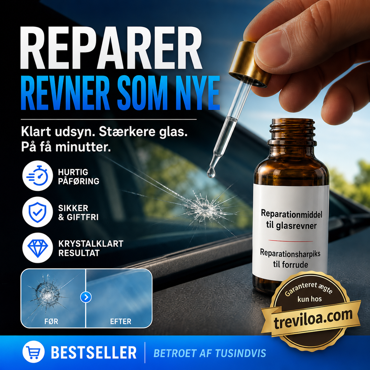 Reparationsmiddel til revner i glas