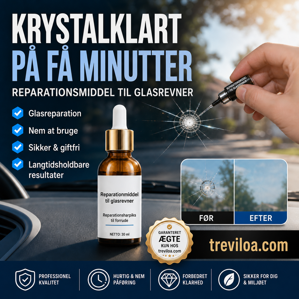 Reparationsmiddel til revner i glas