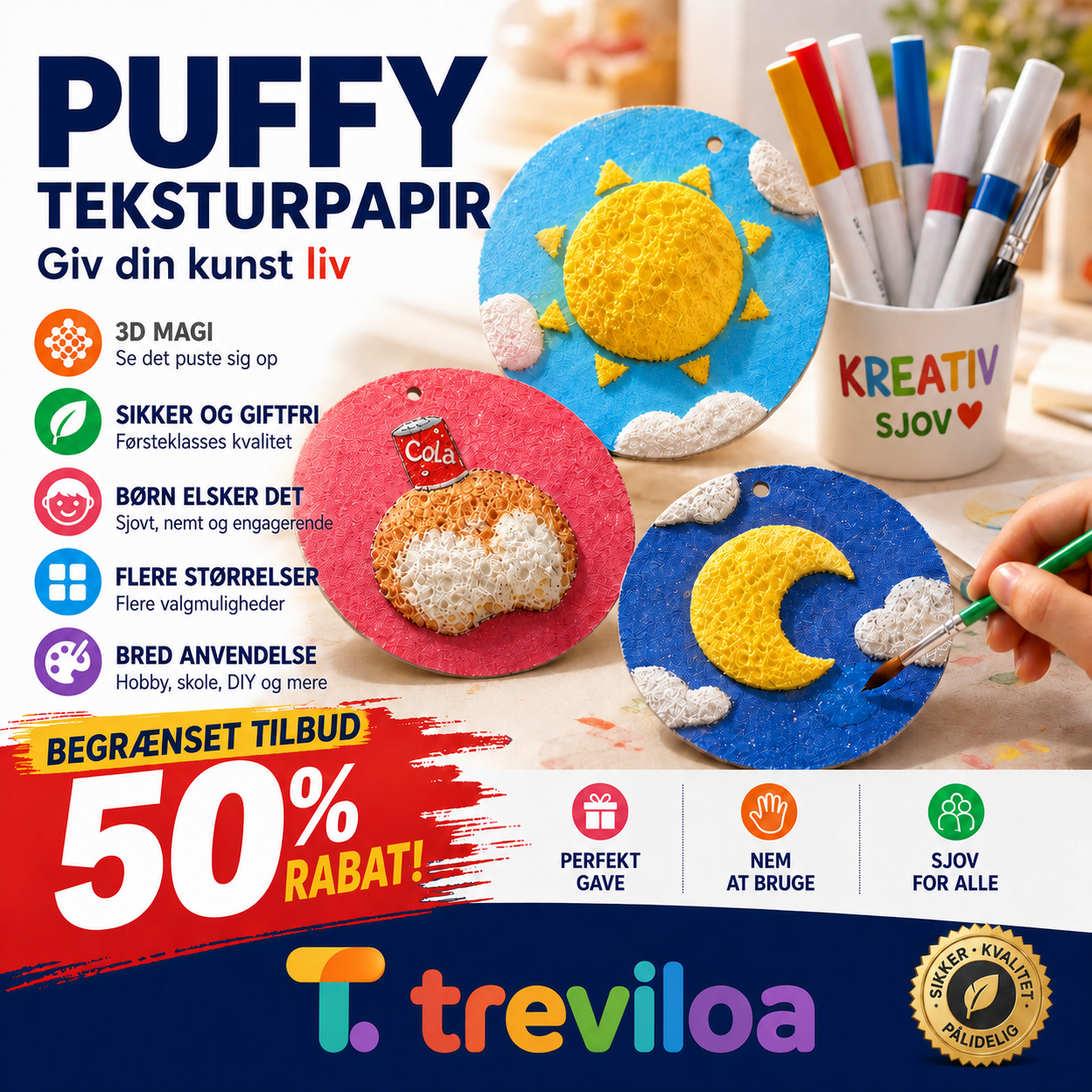 🎨 50 % RABAT NU! Magiske puffpigmenter og 3D-papir – tegn, fugt, og se motivet hæve sig – kreativ magi for alle aldre ✨🖌️