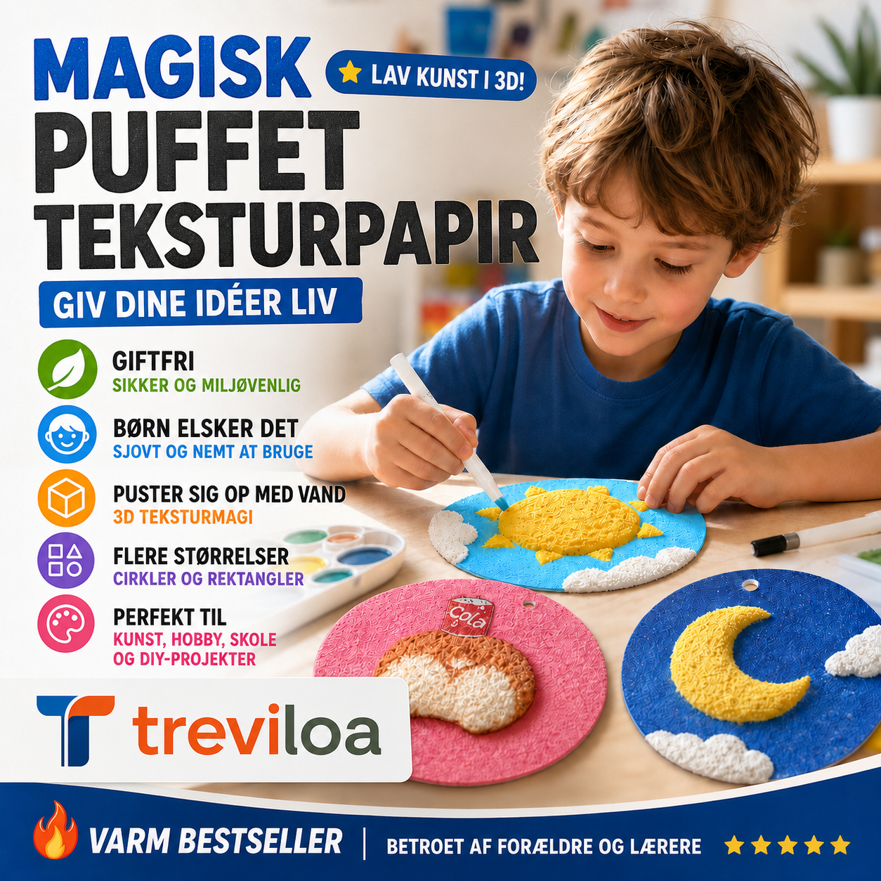 🎨 50 % RABAT NU! Magiske puffpigmenter og 3D-papir – tegn, fugt, og se motivet hæve sig – kreativ magi for alle aldre ✨🖌️